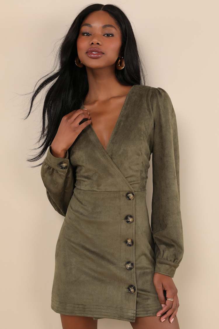 slim fit dress slacks Gabella Dark Green Long Sleeve A-line Mini Dress with Crystal Trim (Ar main image 1