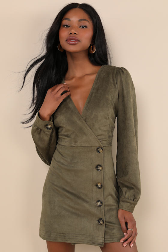 Chicest Aura Olive Green Suede Surplice Long Sleeve Mini Dress 2