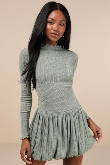 Sage Green Bubble-Hem Dress Long Sleeve Mini Dress Dress Lulus