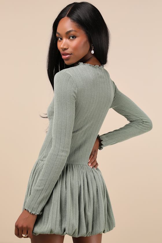 Lulus Approachably Adorable Sage Green Ribbed Bubble Hem Mini Dress In Sage Green