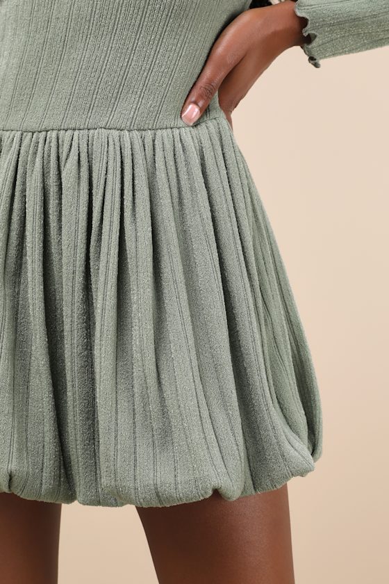 Lulus Approachably Adorable Sage Green Ribbed Bubble Hem Mini Dress In Sage Green
