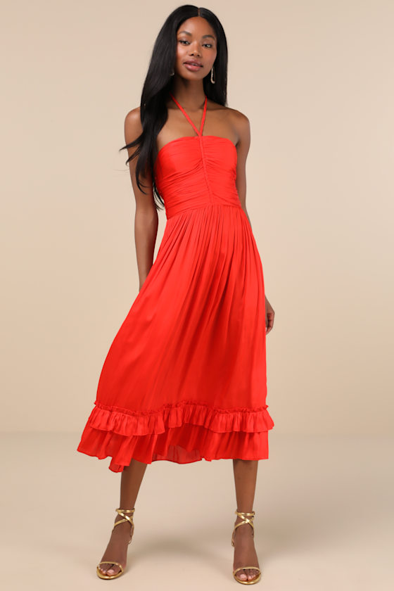 Lulus Pleasing Chicness Red Satin Halter Tiered Midi Dress In Red