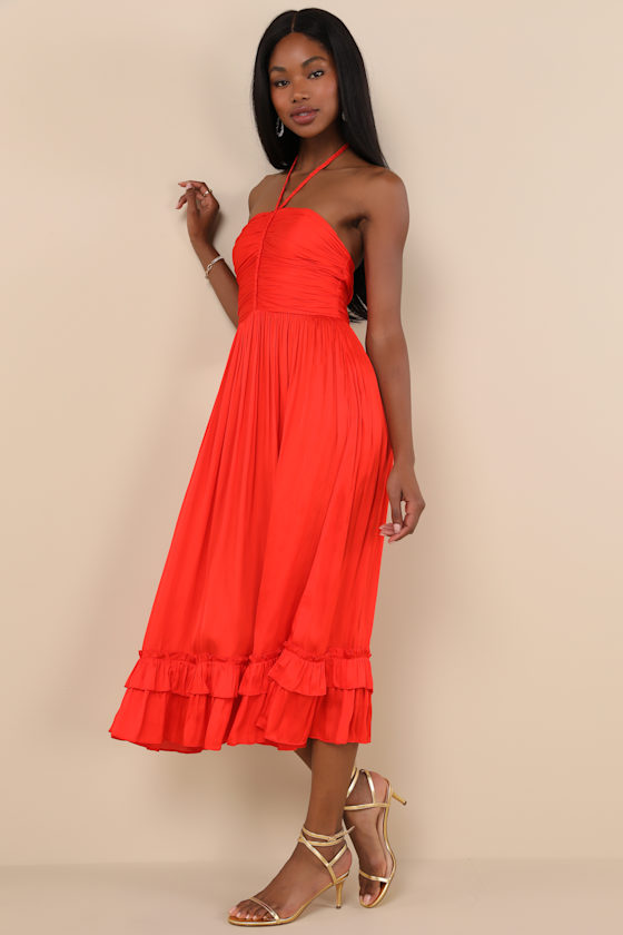 Lulus Pleasing Chicness Red Satin Halter Tiered Midi Dress In Red