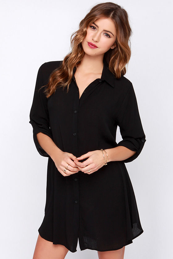 Cute Black Dress - Shirt Dress - Long Sleeve Dress - $38.00