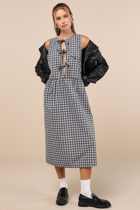 Motel Prelith Black Gingham Tie-front Midi Dress In Black