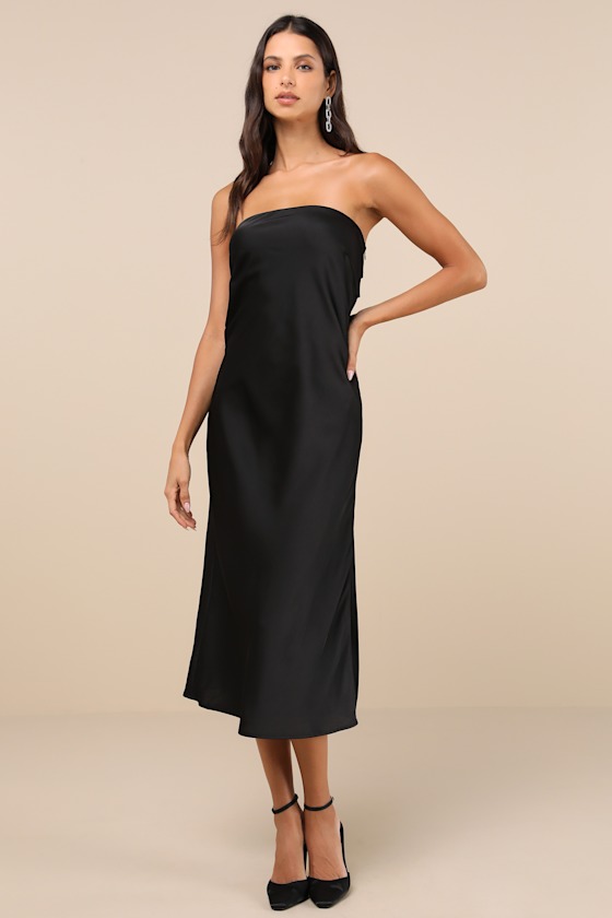 Lulus Effortless Bliss Black Satin Strapless Cowl Back Midi Dress In Black