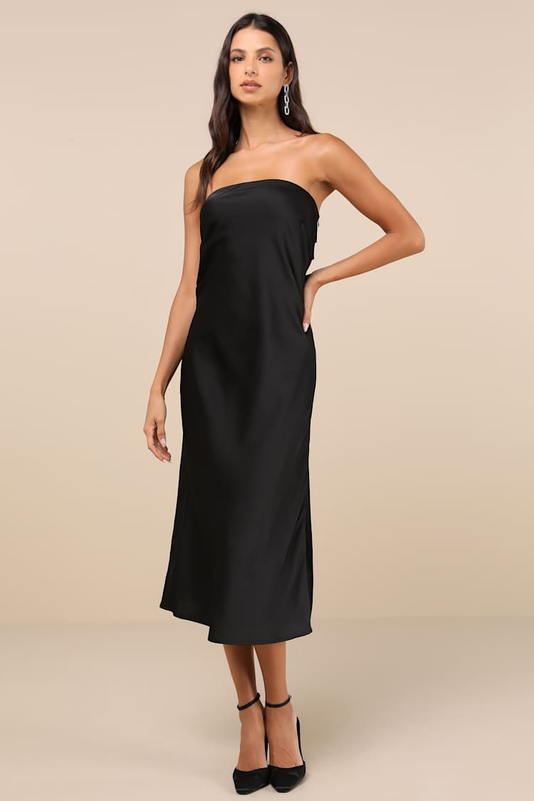 Black Satin Slip Dress - Strapless Midi Dress - Cowl Back Dress - Lulus