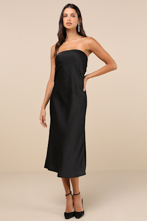 Black Satin Slip Dress - Strapless Midi Dress - Cowl Back Dress - Lulus