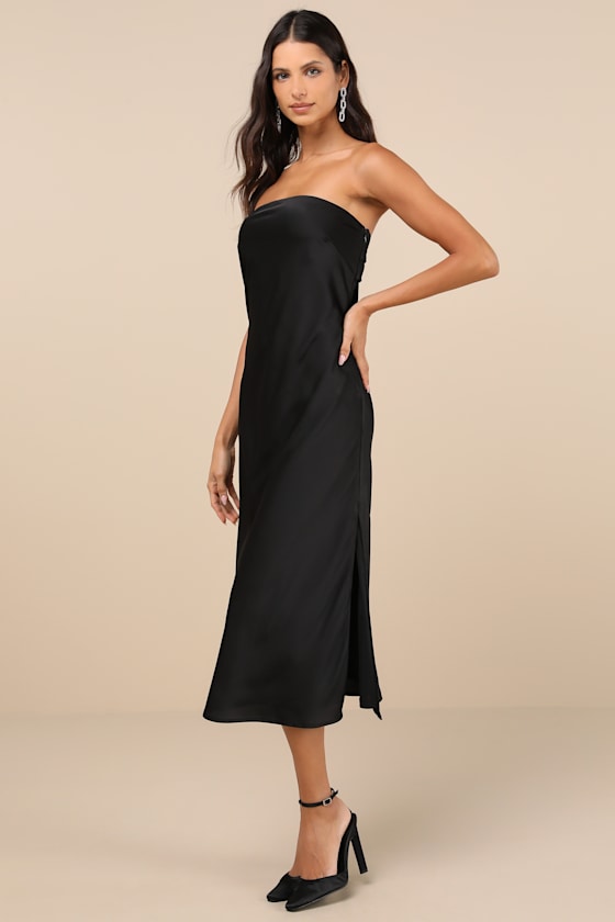 Lulus Effortless Bliss Black Satin Strapless Cowl Back Midi Dress In Black