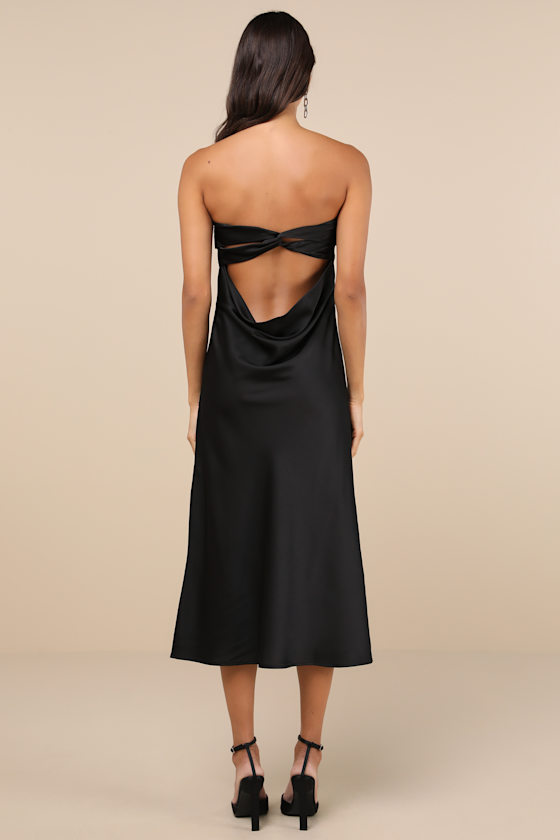 Lulus Effortless Bliss Black Satin Strapless Cowl Back Midi Dress In Black