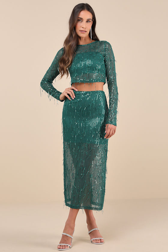 Lulus Greatest Sparkle Green Mesh Sequin Fringe Two-piece Midi Dress In Green