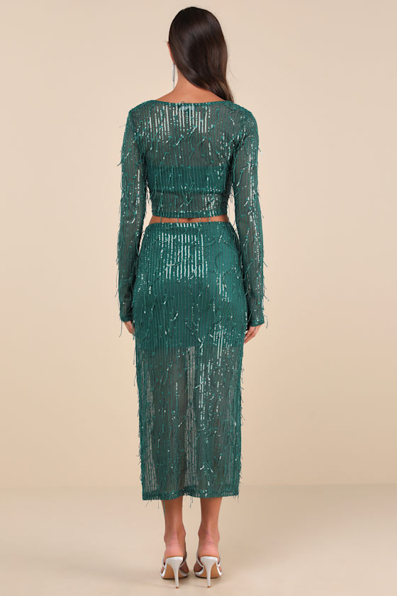 Lulus Greatest Sparkle Green Mesh Sequin Fringe Two-piece Midi Dress In Green