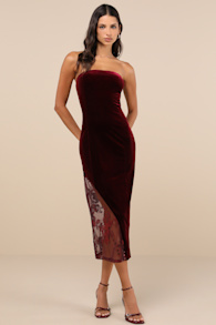Feeling So Luxe Burgundy Velvet Mesh Sequin Strapless Midi Dress 2