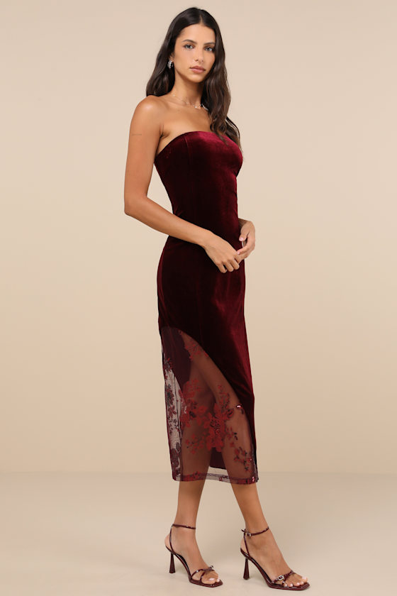 Lulus Feeling So Luxe Burgundy Velvet Mesh Sequin Strapless Midi Dress In Burgundy
