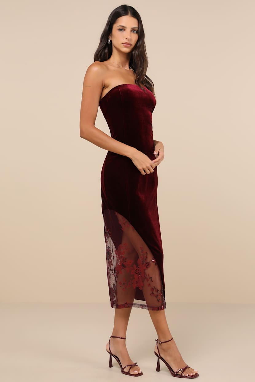 Burgundy Velvet Mesh Sequin Strapless Midi Dress | Womens | Medium (Available in S, L, XL) | 100% Polyester | Lulus