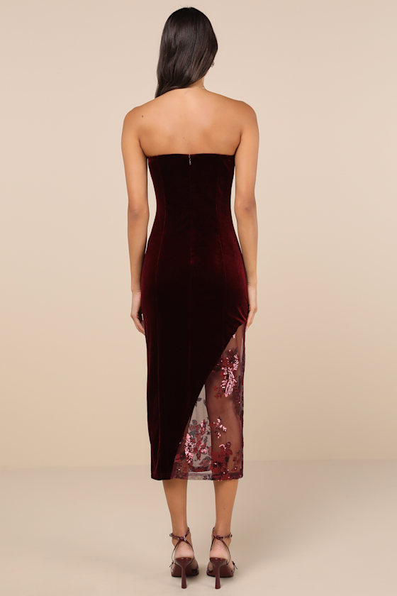 Lulus Feeling So Luxe Burgundy Velvet Mesh Sequin Strapless Midi Dress In Burgundy