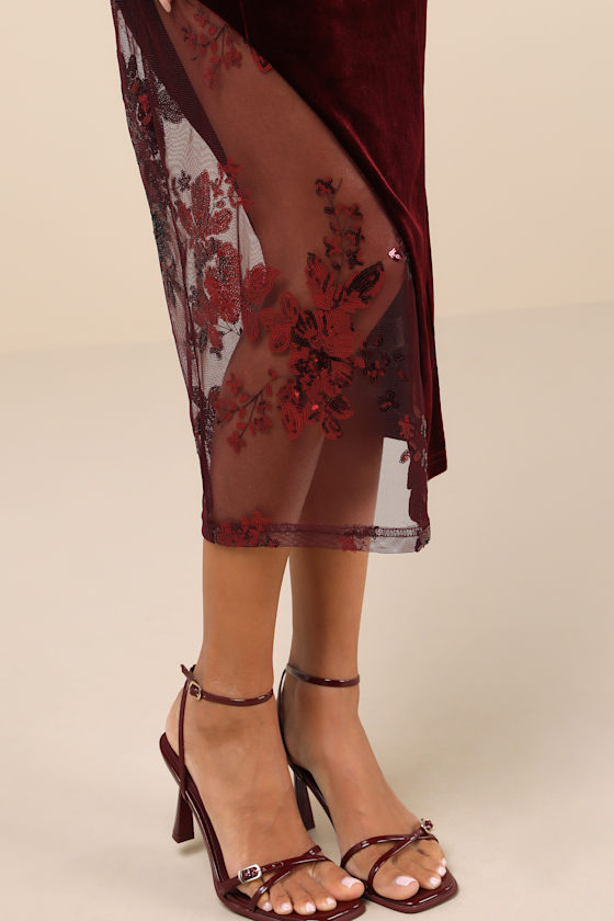 Lulus Feeling So Luxe Burgundy Velvet Mesh Sequin Strapless Midi Dress In Burgundy