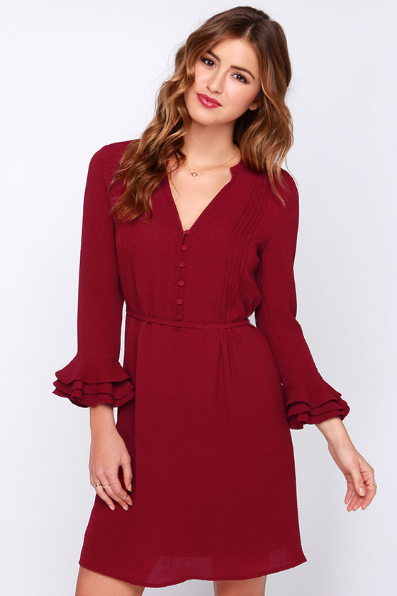 Lovely Wine Red Dress Ruffle Sleeve Dress Shirt Dress 54.00 Lulus