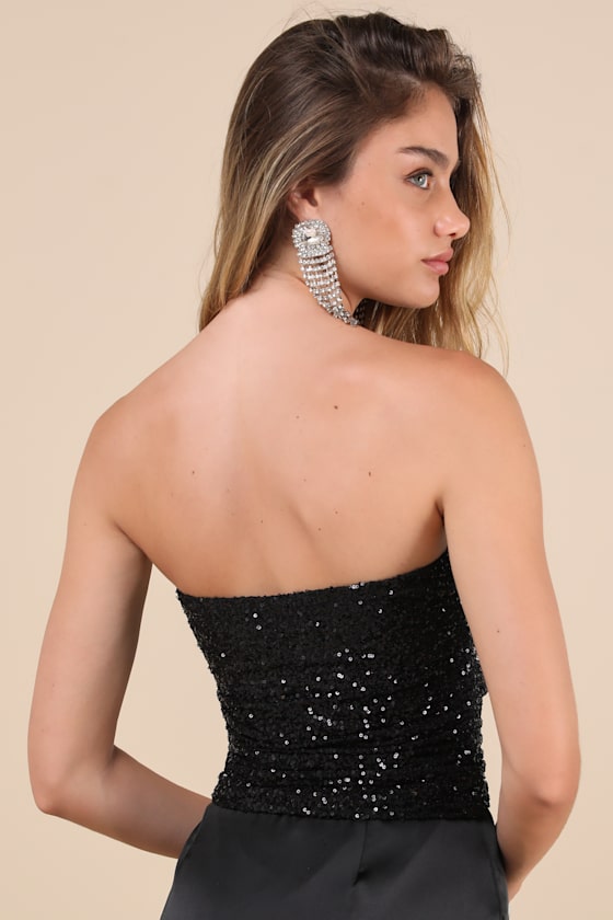 Lulus Marvelous Shine Black Mesh Sequin Strapless Crop Top In Black