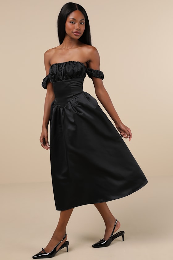 Lulus Coquette Essence Black Satin Off-the-shoulder Lace-up Midi Dress In Black