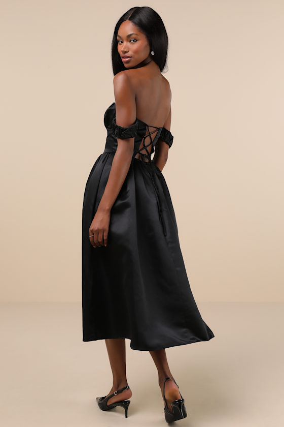 Lulus Coquette Essence Black Satin Off-the-shoulder Lace-up Midi Dress In Black