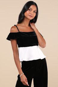 Contemporary Drama Black and White Velvet Cold Shoulder Top 1