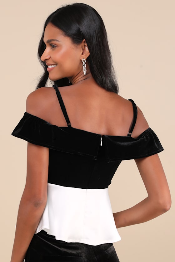 Contemporary Drama Black and White Velvet Cold Shoulder Top 2