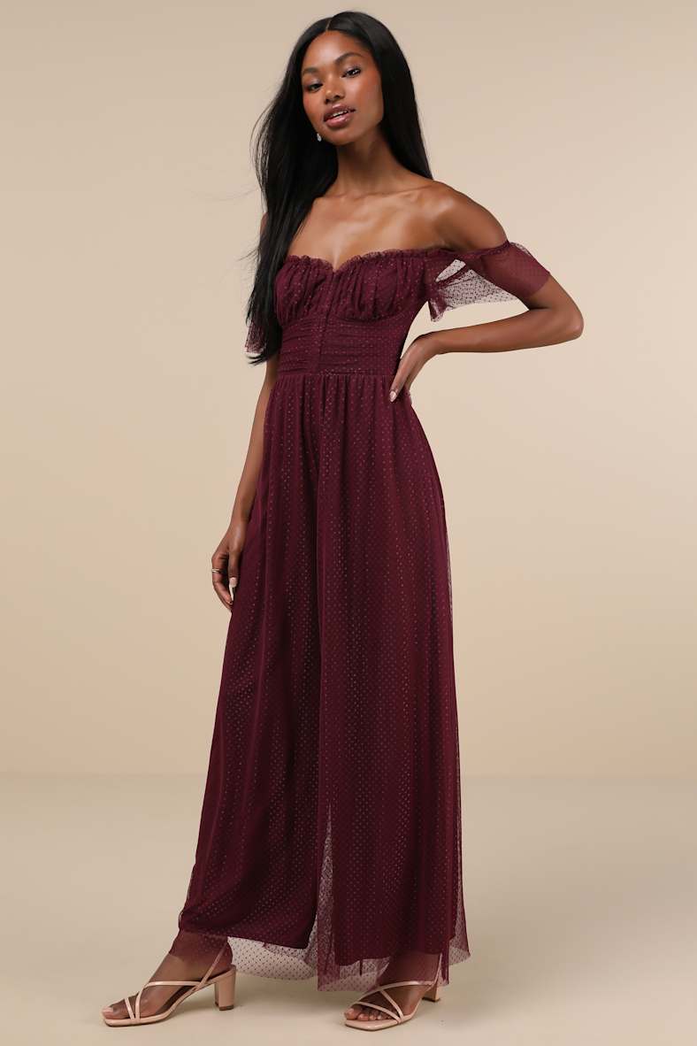 Regal Radiance Plum Purple Swiss Dot Mesh Wide-Leg Jumpsuit