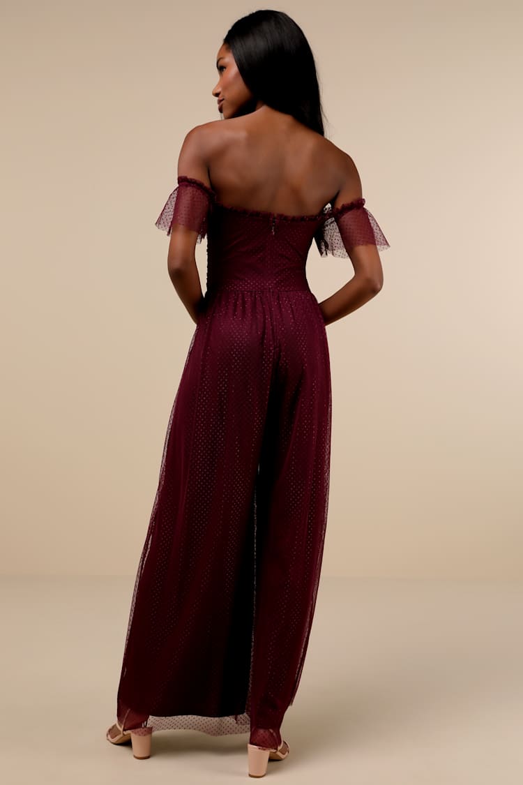 Regal Radiance Plum Purple Swiss Dot Mesh Wide-Leg Jumpsuit