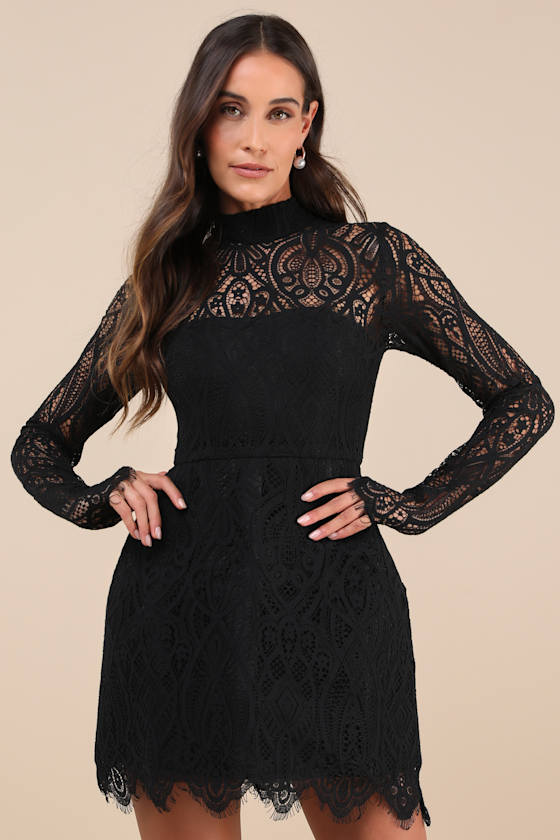 Black Lace Mini Dress Structured Dress Long Sleeve Mini Dress Lulus