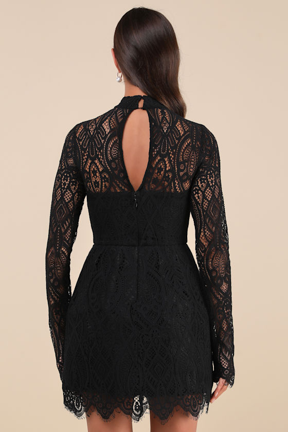 Lulus Gorgeous Attraction Black Lace Structured Long Sleeve Mini Dress In Black