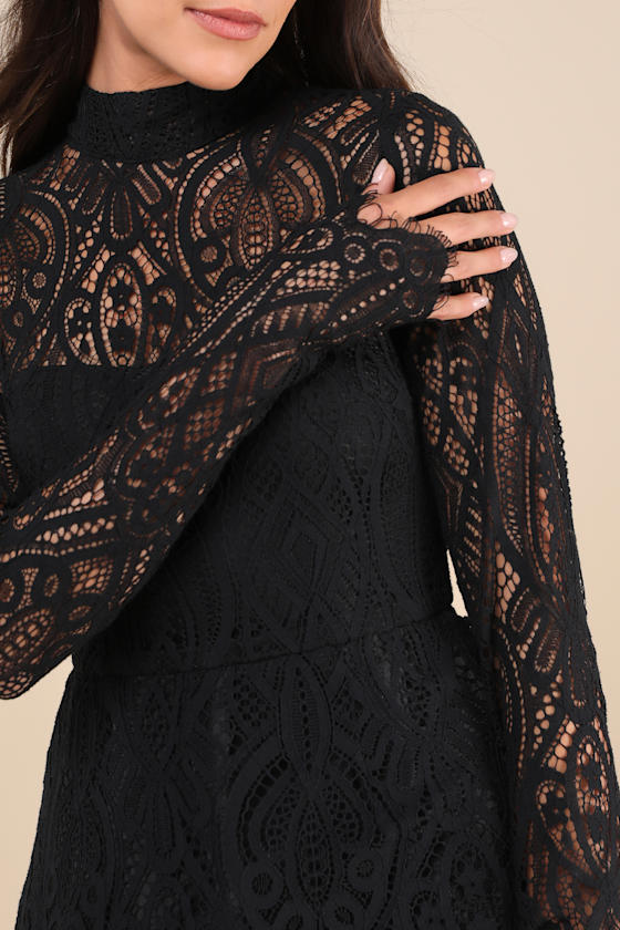 Lulus Gorgeous Attraction Black Lace Structured Long Sleeve Mini Dress In Black