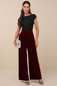 Chic Splendor Wine Red Velvet Pleated High Rise Wide-Leg Pants 1