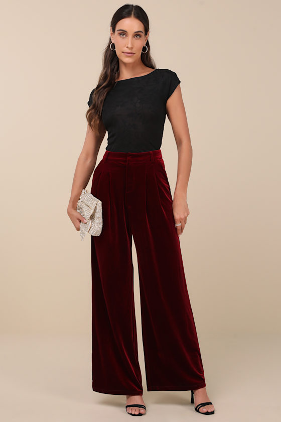Chic Splendor Wine Red Velvet Pleated High Rise Wide-Leg Pants 1