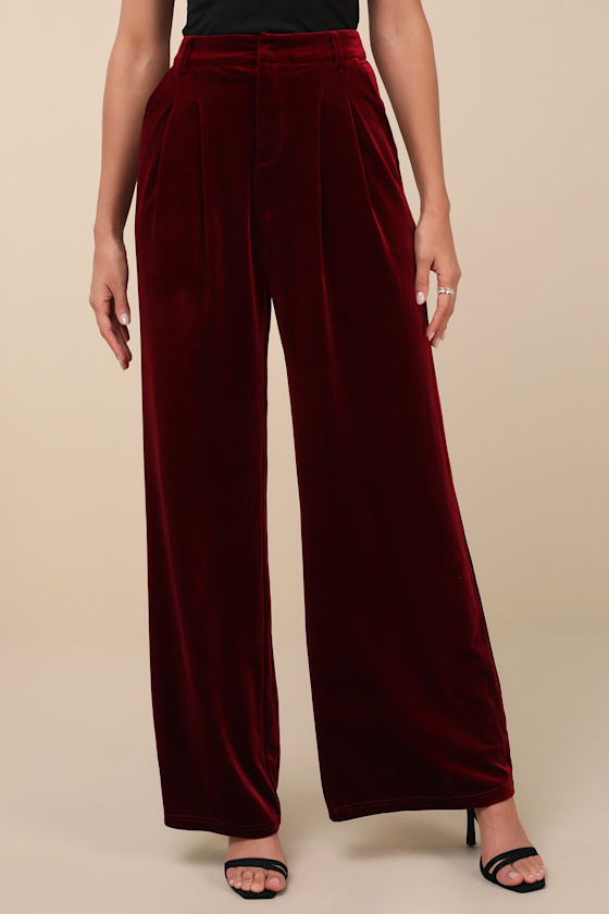 Chic Splendor Wine Red Velvet Pleated High Rise Wide-Leg Pants 2