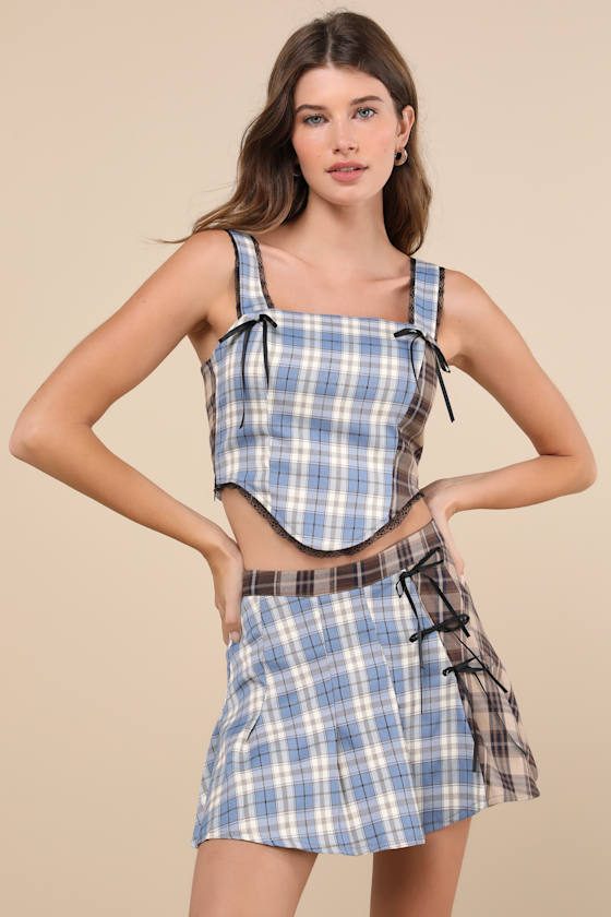 Daisy Street Plaid To Have It Blue And Brown Plaid Patchwork Bow Mini Skirt In Blue
