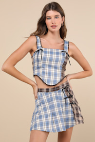 Plaid to Have It Blue and Brown Plaid Patchwork Bow Mini Skirt 1