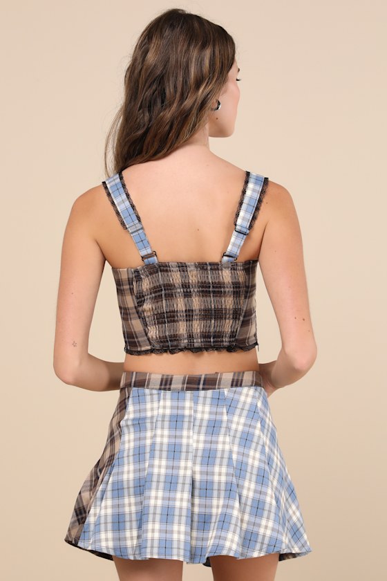 Daisy Street Plaid To Have It Blue And Brown Plaid Patchwork Bow Mini Skirt In Blue