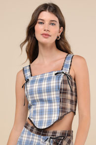 Plaid to Have It Blue and Brown Plaid Patchwork Lace Bustier Top 1