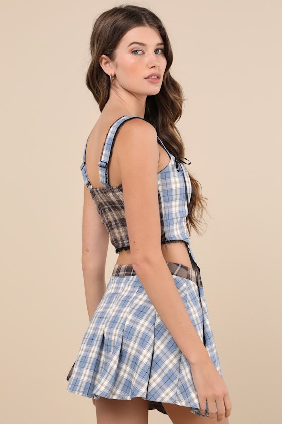 Daisy Street Plaid To Have It Blue And Brown Plaid Patchwork Lace Bustier Top In Blue
