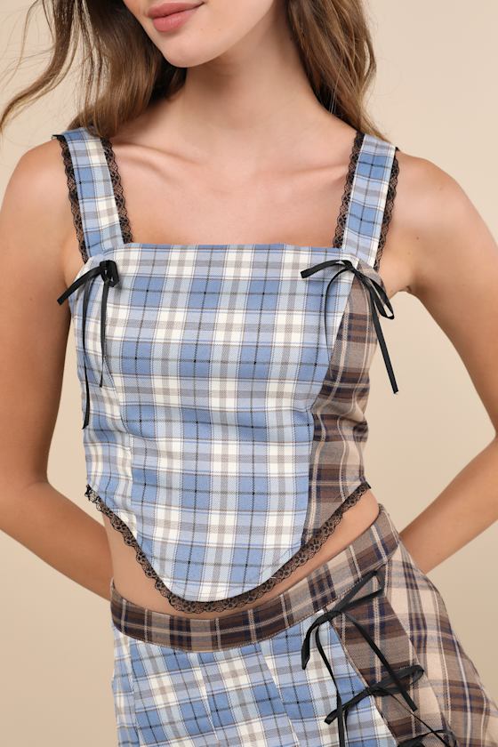 Daisy Street Plaid To Have It Blue And Brown Plaid Patchwork Lace Bustier Top In Blue