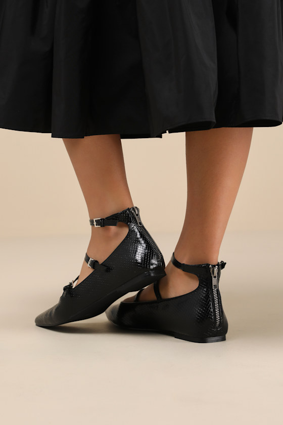 Lulus Paysen Black Snake-embossed Ankle Strap Ballet Flats In Black