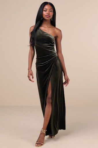 Elegant Era Olive Green Velvet One-Shoulder Maxi Dress 1