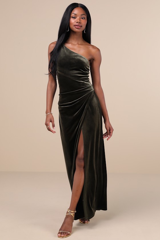 Elegant Era Olive Green Velvet One-Shoulder Maxi Dress 1