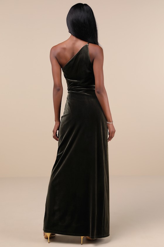 Lulus Elegant Era Olive Green Velvet One-shoulder Maxi Dress In Olive Green