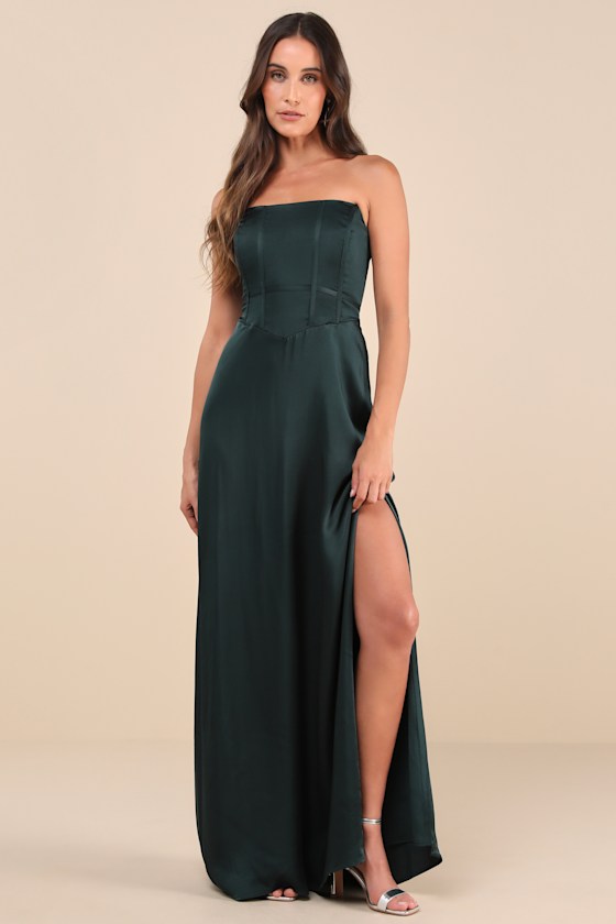 Lulus Extraordinary Presence Dark Green Satin Strapless Maxi Dress