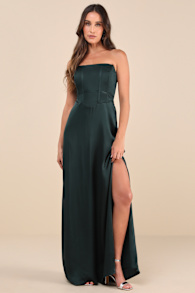 Extraordinary Presence Dark Green Satin Strapless Maxi Dress 1
