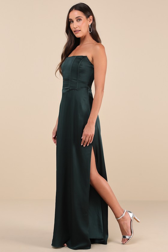 Lulus Extraordinary Presence Dark Green Satin Strapless Maxi Dress In Dark Green