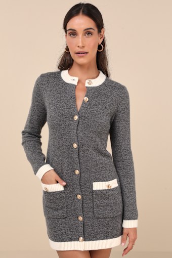 Sophisticatedly Cozy Grey and Ivory Button-Up Sweater Mini Dress 1