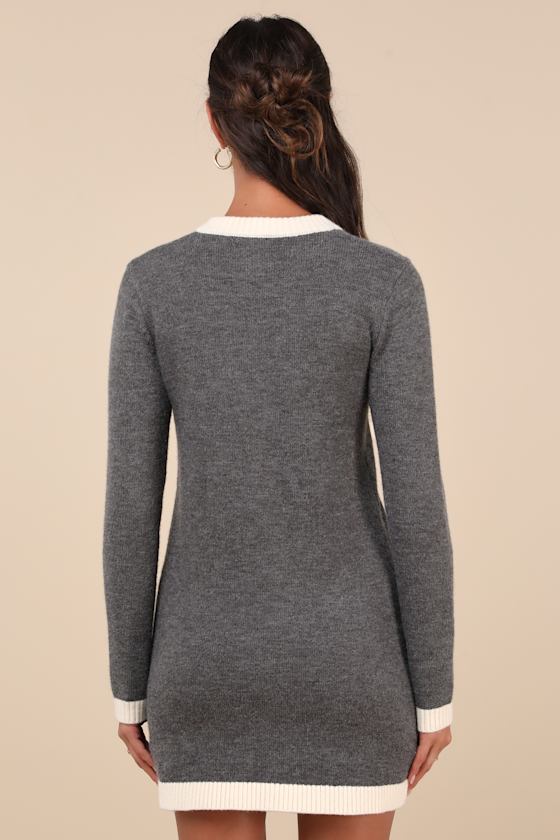 Lulus Sophisticatedly Cozy Grey And Ivory Button-up Sweater Mini Dress In Ivory